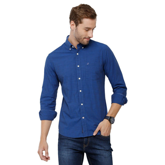 Blue Solid Casual Shirt Slim Fit
