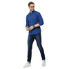 Double two Men Solid Blue Pointed Collar Long Sleeves 100% Cotton Slim Fit Casual shirt