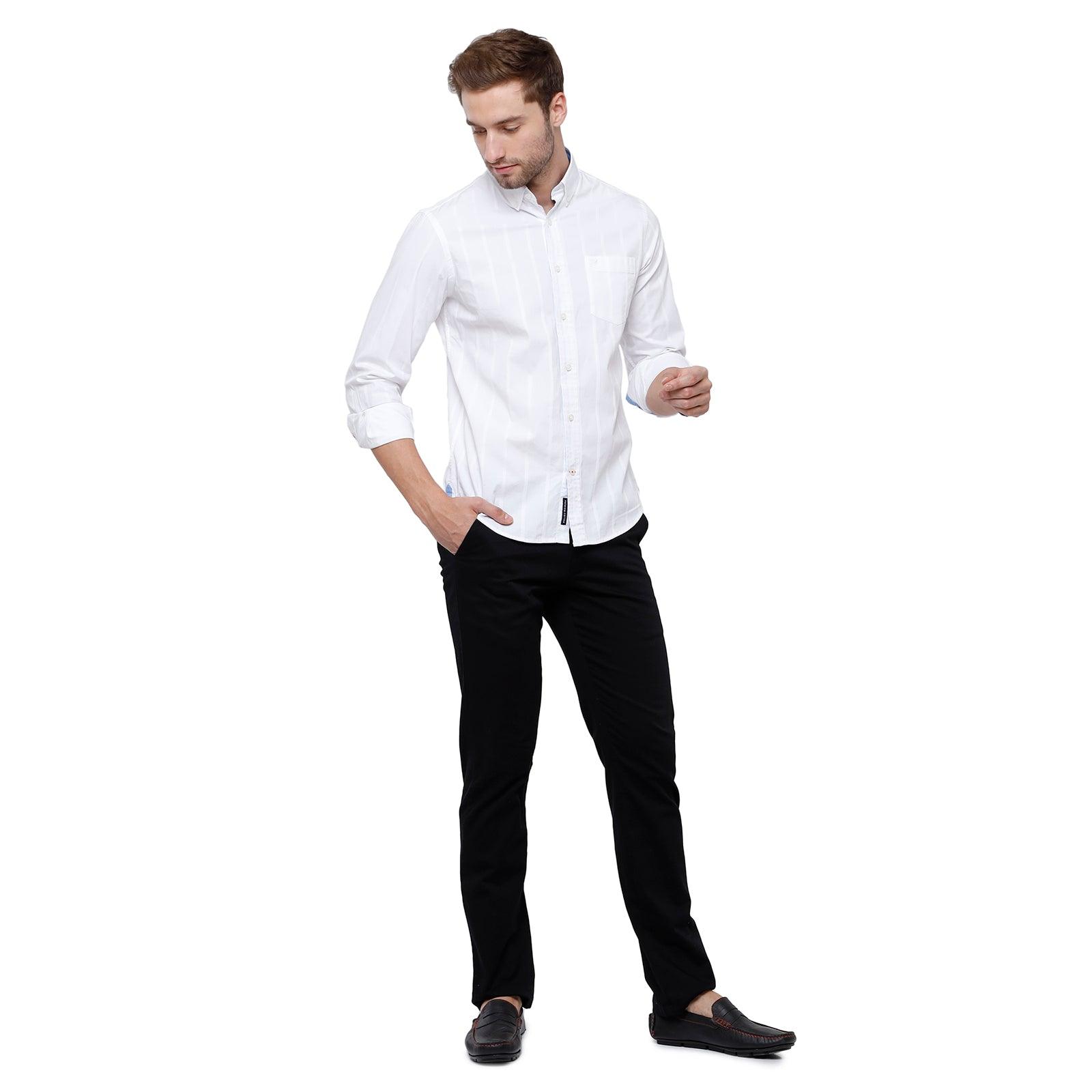 Double two Men Stripes White Pointed Collar Long Sleeves 100% Cotton Slim Fit Casual shirt