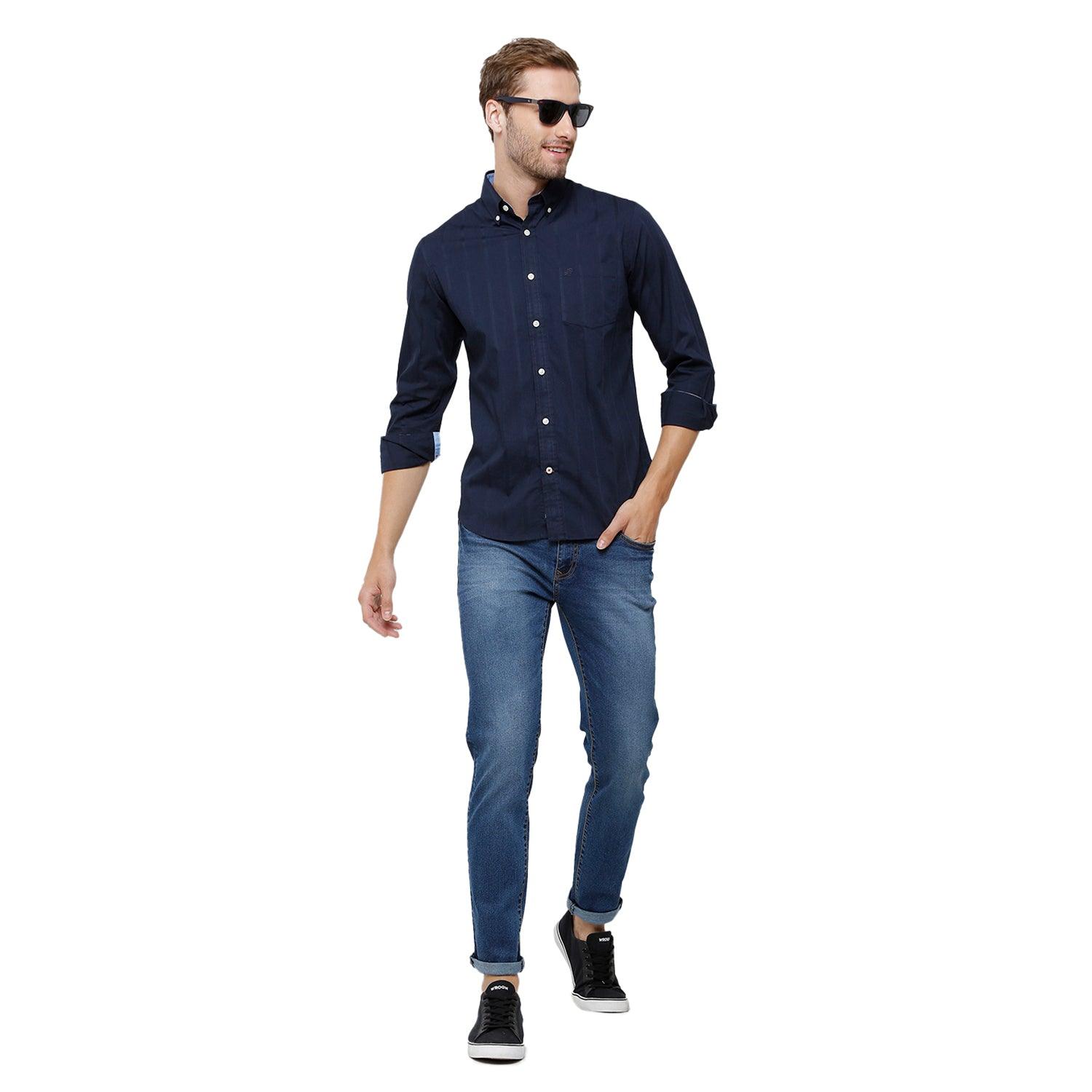 Double two Men Stripes Navy blue Button down collar Long Sleeves 100% Cotton Slim Fit Casual shirt