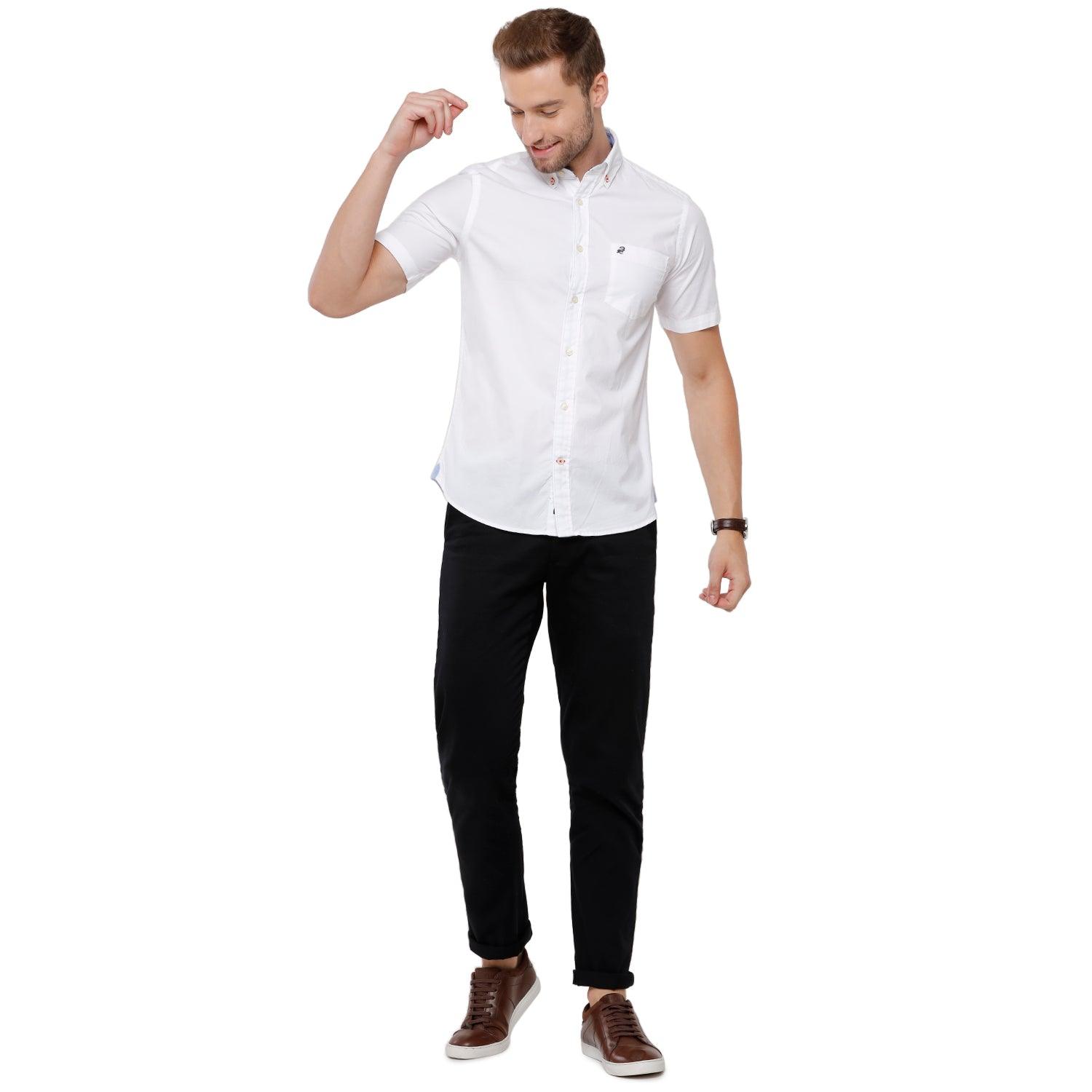 Double two Men Solid White Button down collar Long Sleeves 100% Cotton Slim Fit Casual shirt