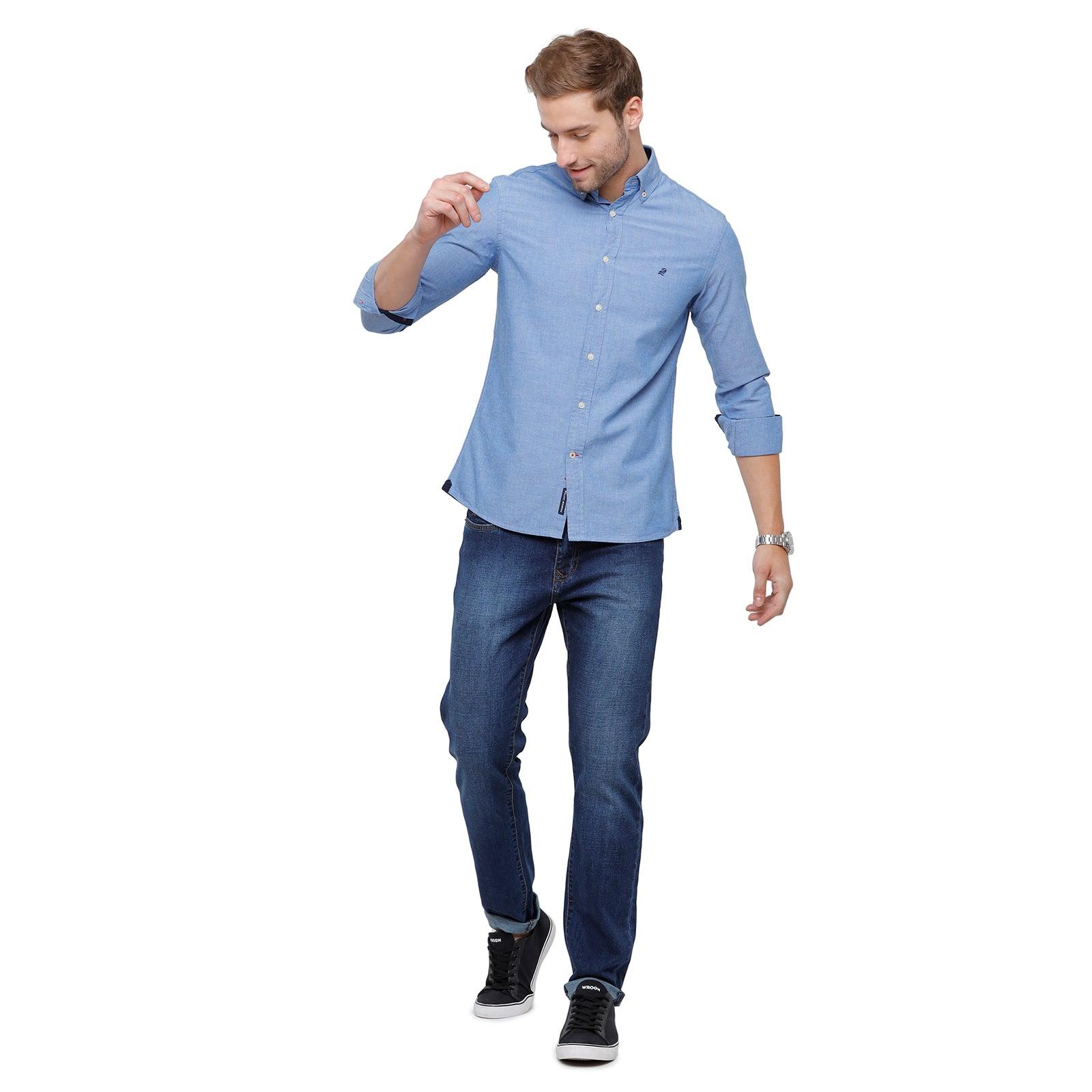 Double two Men Solid Blue Button down collar Long Sleeves 100% Cotton Slim Fit Casual shirt
