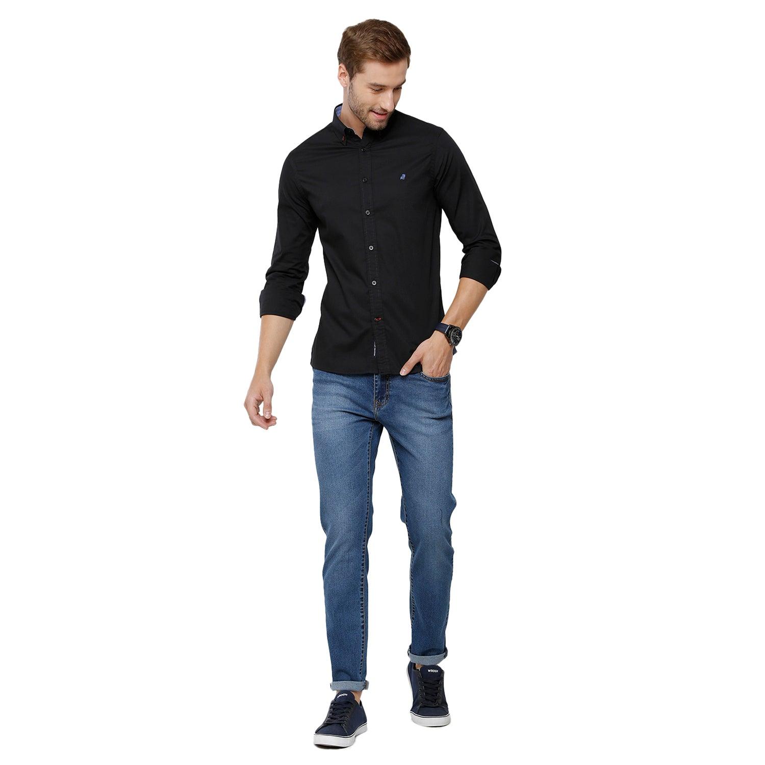 Double two Men Solid Black Button down collar Long Sleeves 100% Cotton Slim Fit Casual shirt