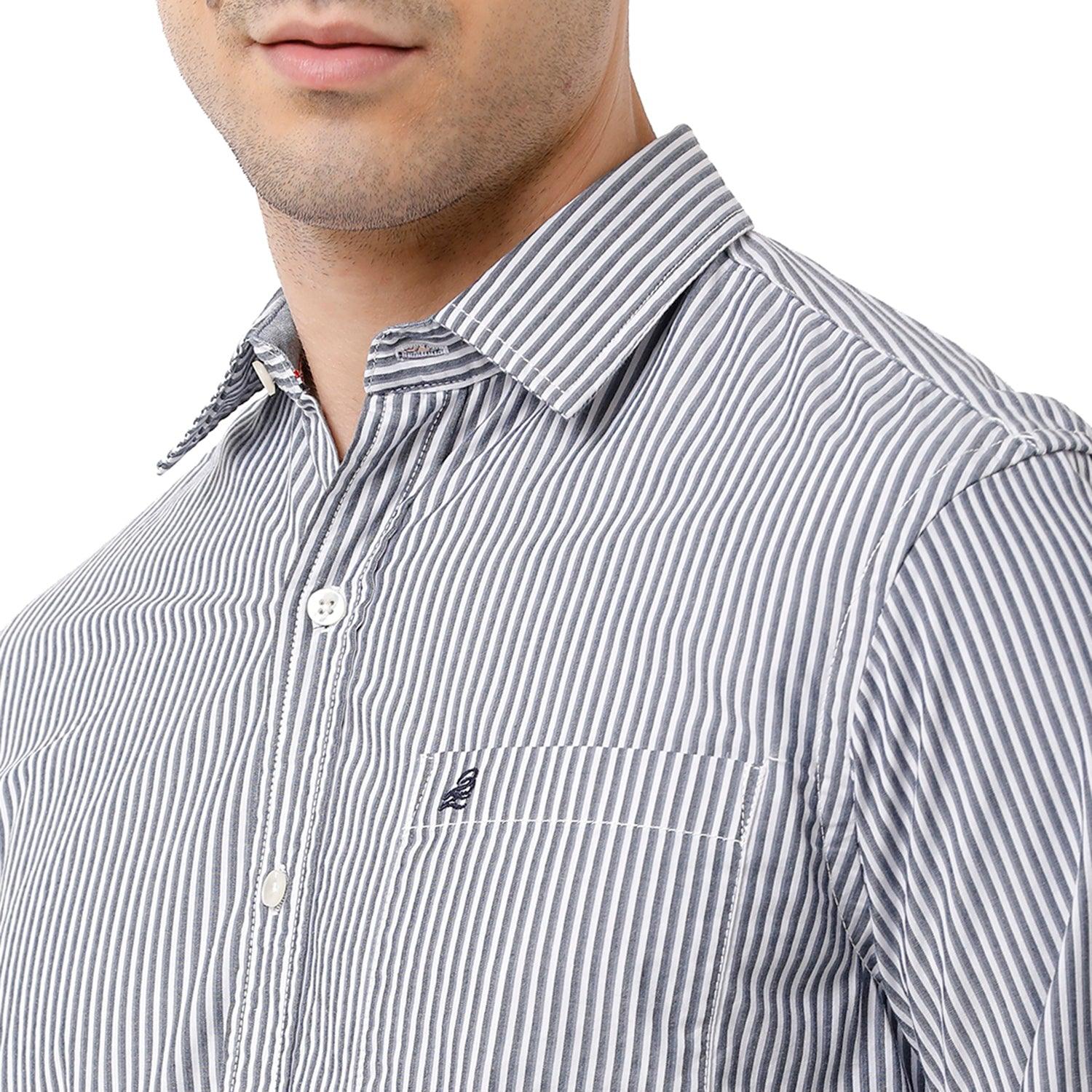 Double two Men Stripes Grey Button down collar Long Sleeves 100% Cotton Slim Fit Casual shirt