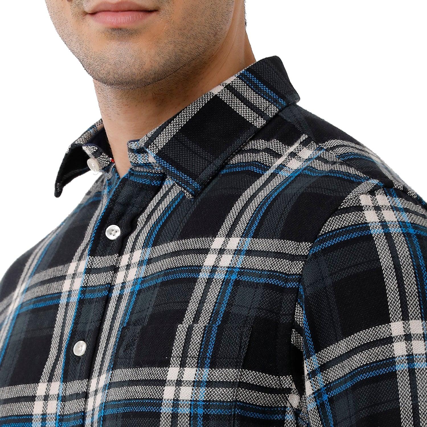 Double two Men Checks Multi Pointed Collar Long Sleeves 100% Cotton Slim Fit Denim Shirt