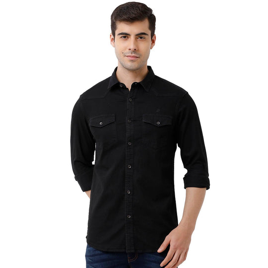 Blue Solid Denim Shirt Slim Fit