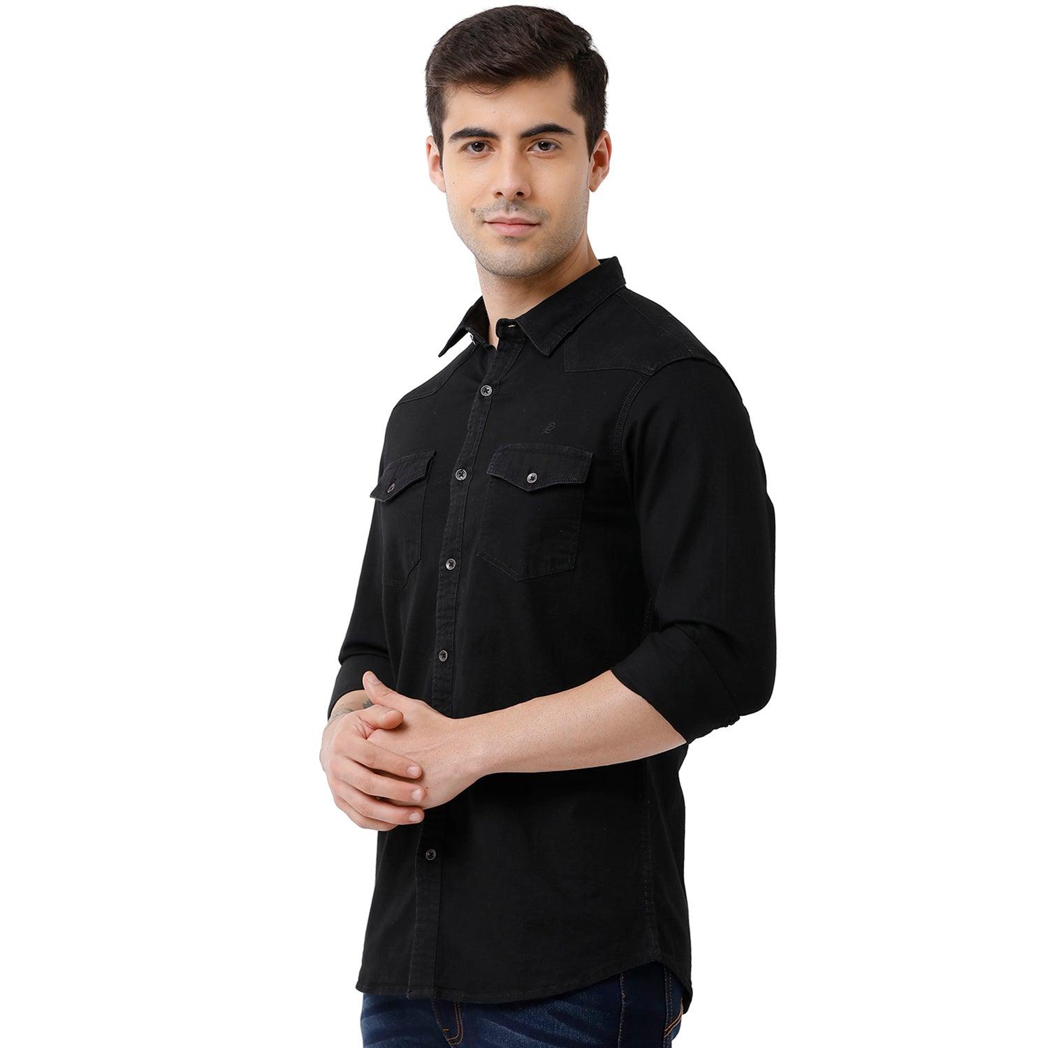 Double Two Men Slim Fit Solid Pointed Collar Denim Shirt  13