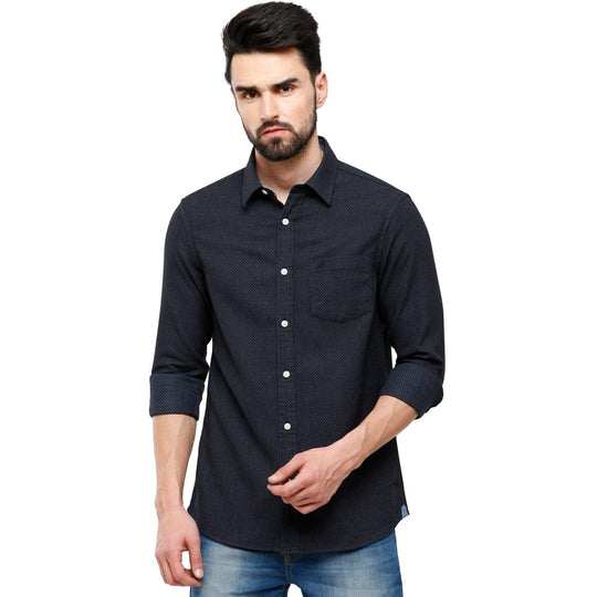 Blue Self Design Casual Shirt Slim Fit