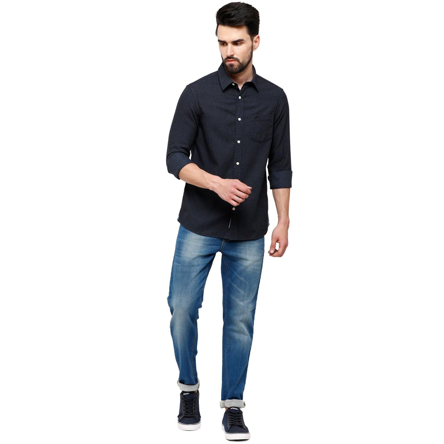 Double Two Men Slim Fit Self Design Pointed Collar Casual shirt  10