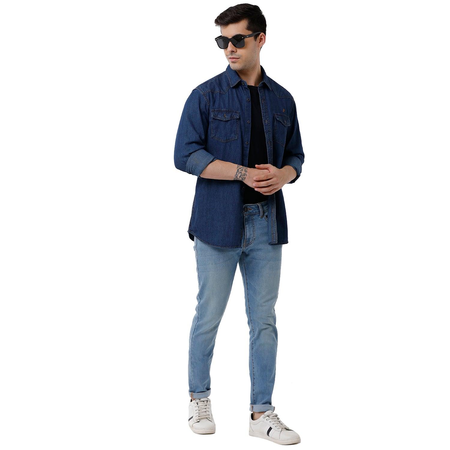 Double Two Men Slim Fit Solid Pointed Collar Denim Shirt  9