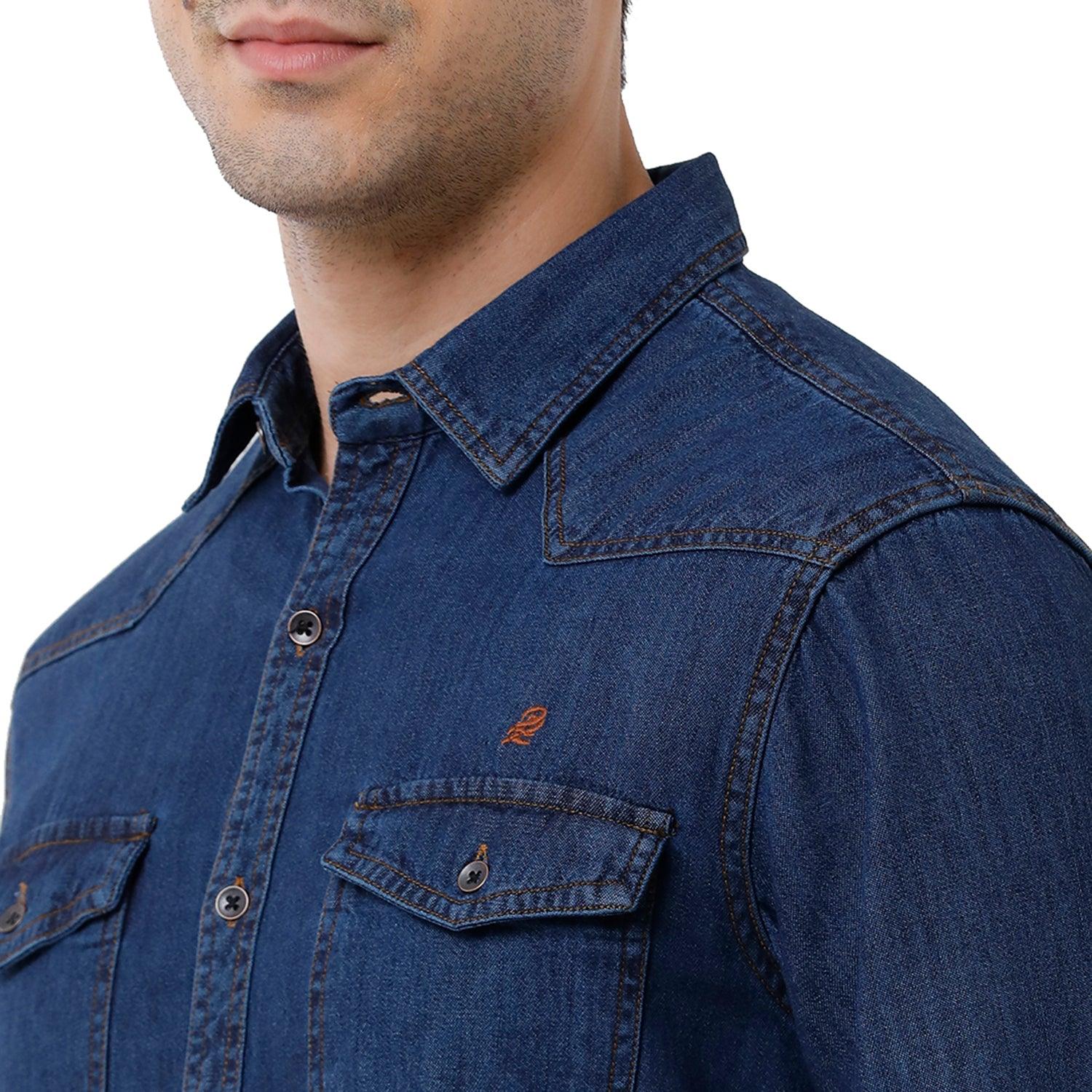Double two Men Solid Blue Pointed Collar Long Sleeves 100% Cotton Slim Fit Denim Shirt