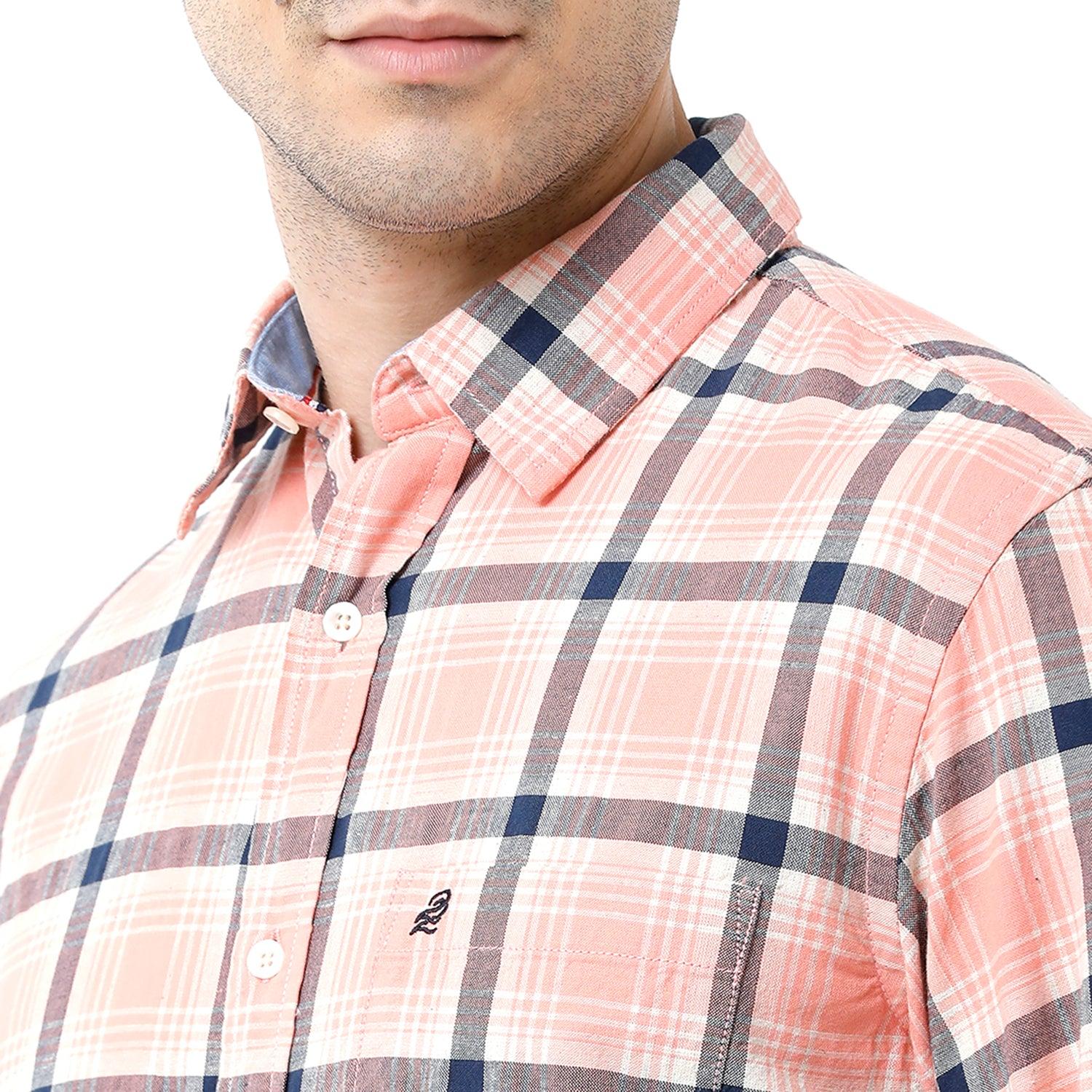 Double two Men Checks Orange Pointed Collar Long Sleeves 100% Cotton Slim Fit Casual shirt