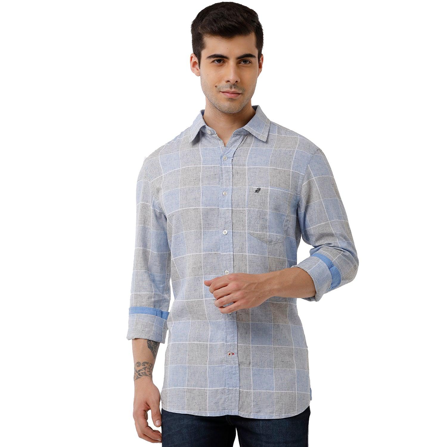 Double Two Men Slim Fit Checks Pointed Collar Casual shirt  3