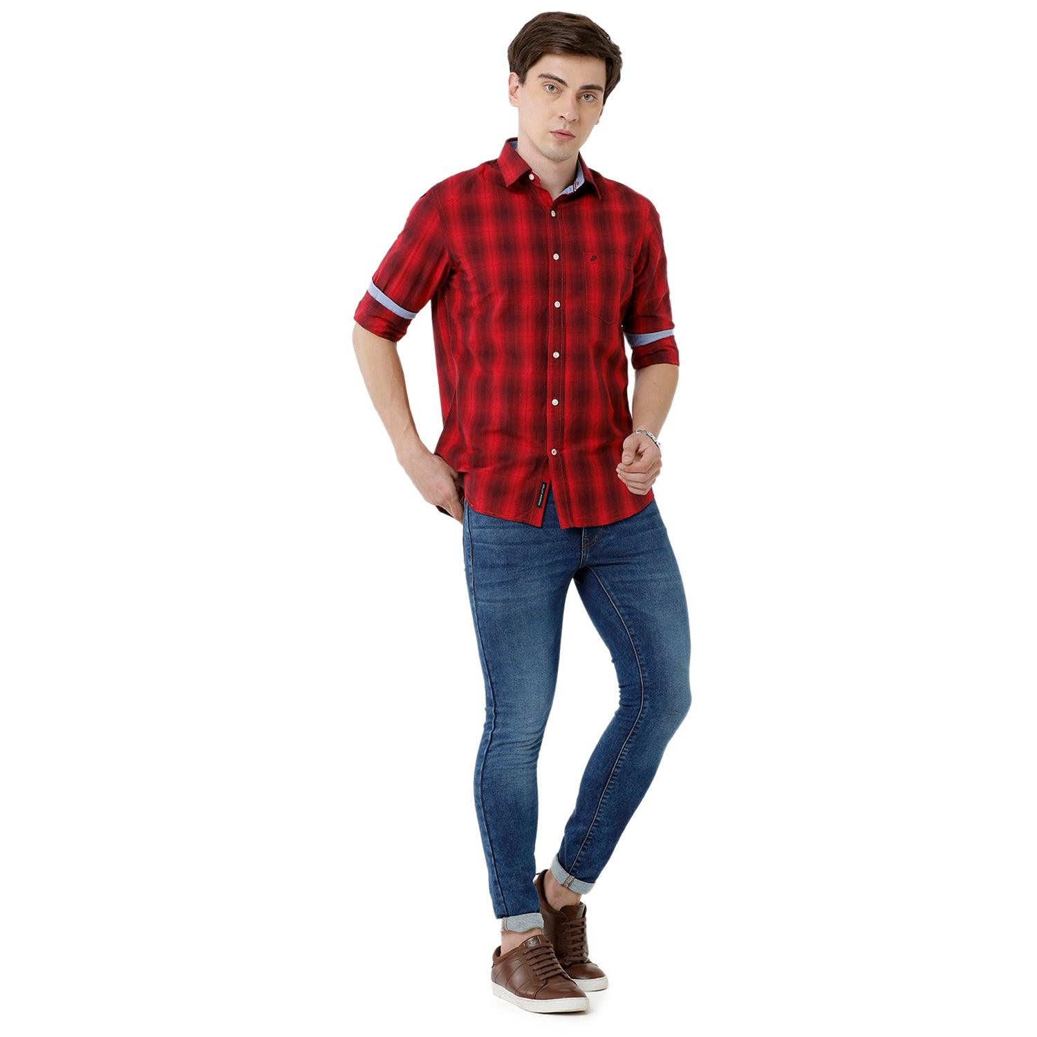 Double Two Men Slim Fit Checks Pointed Collar Casual Shirt