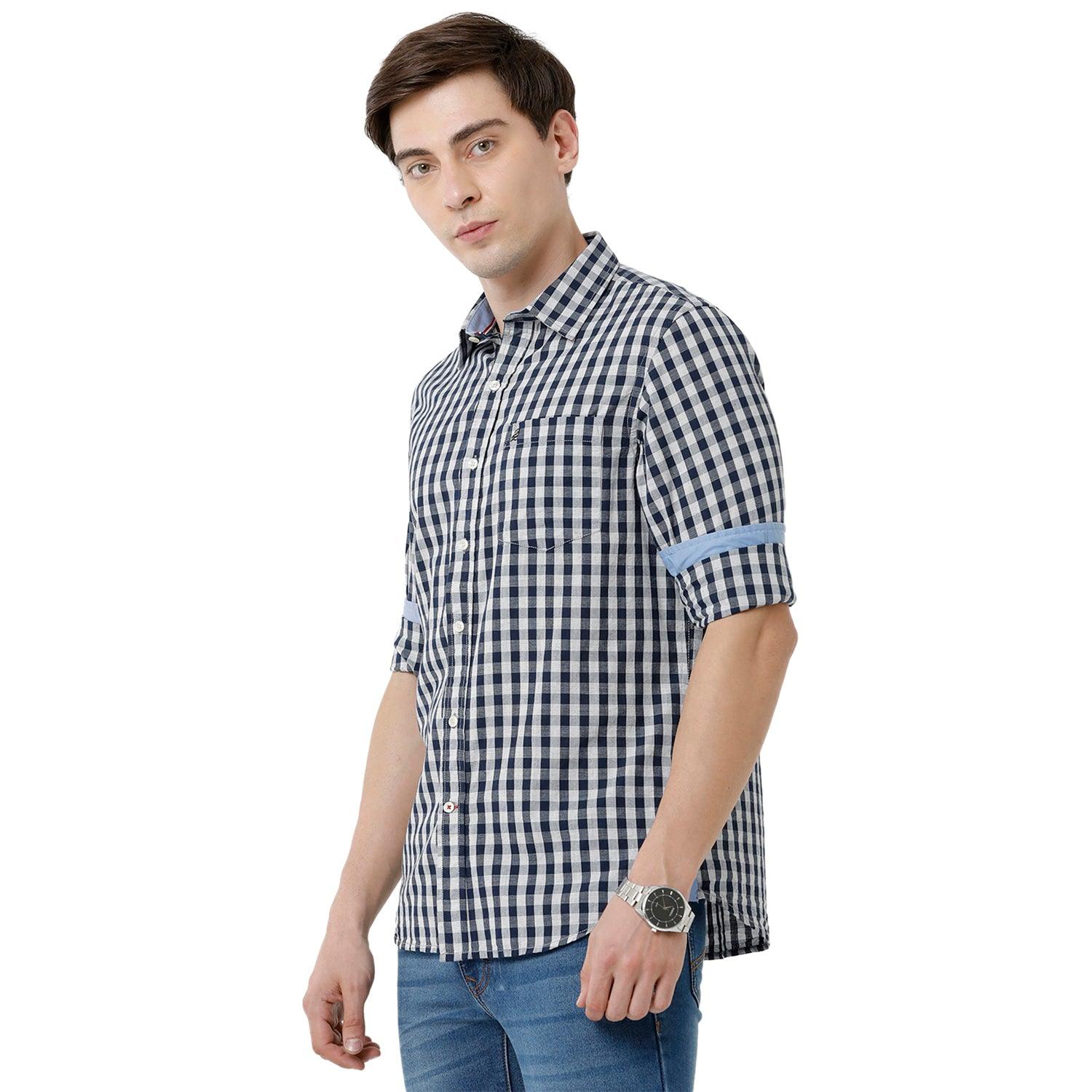 Double Two Men Slim Fit Checks Pointed Collar Casual shirt  1