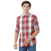 Double two Men Checks Red Button Down Collar Long Sleeves 100% Cotton Slim Fit Casual Shirt