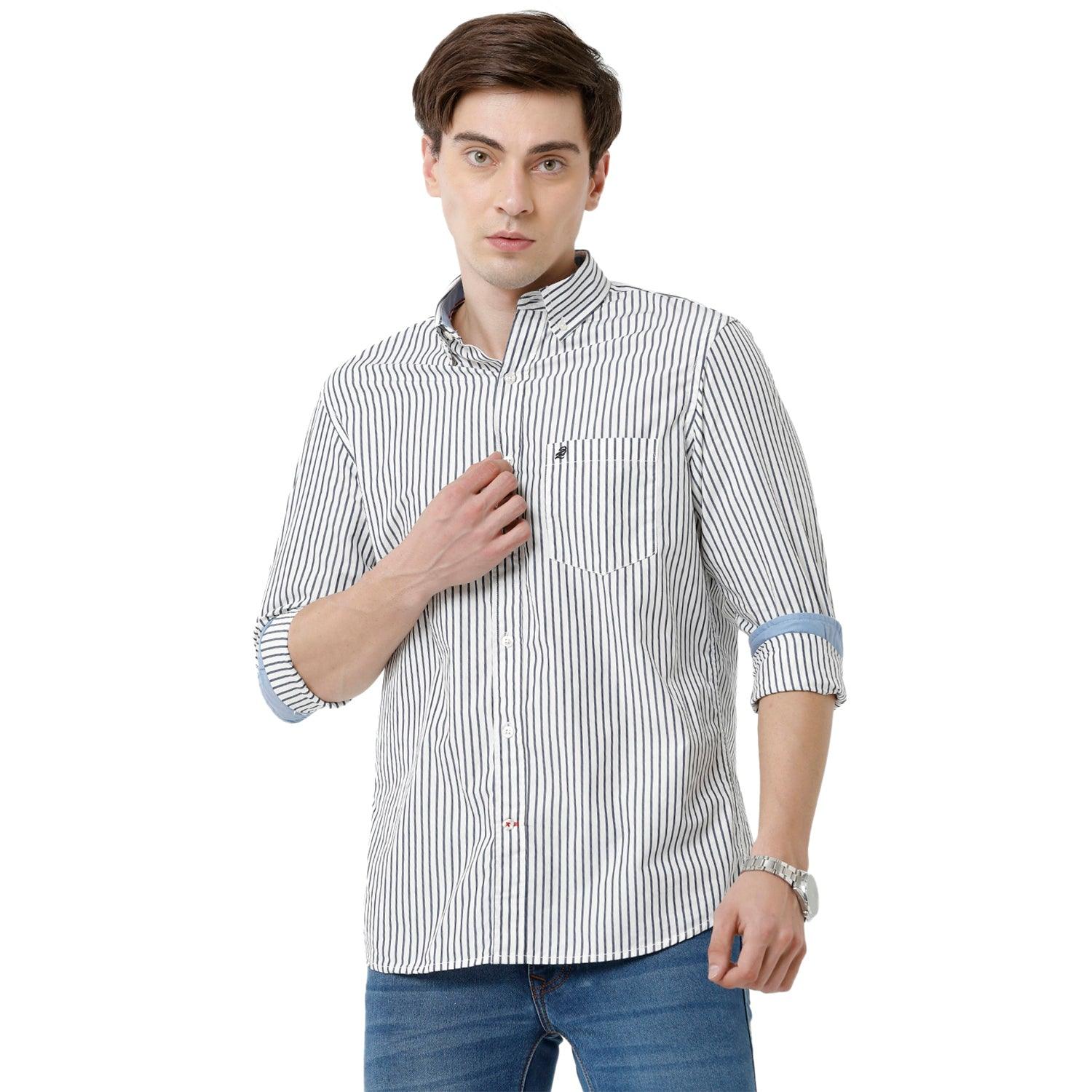 Double Two Men Slim Fit Stripes Button Down Collar Casual Shirt