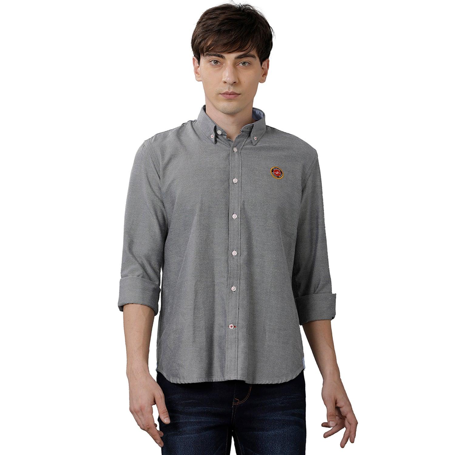 Double two Men Solid Grey Button Down Collar Long Sleeves 100% Cotton Slim Fit Casual Shirt