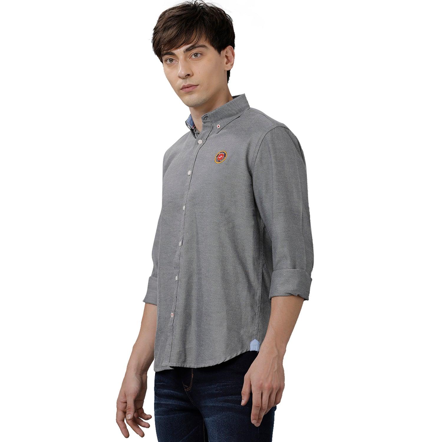 Double two Men Solid Grey Button Down Collar Long Sleeves 100% Cotton Slim Fit Casual Shirt