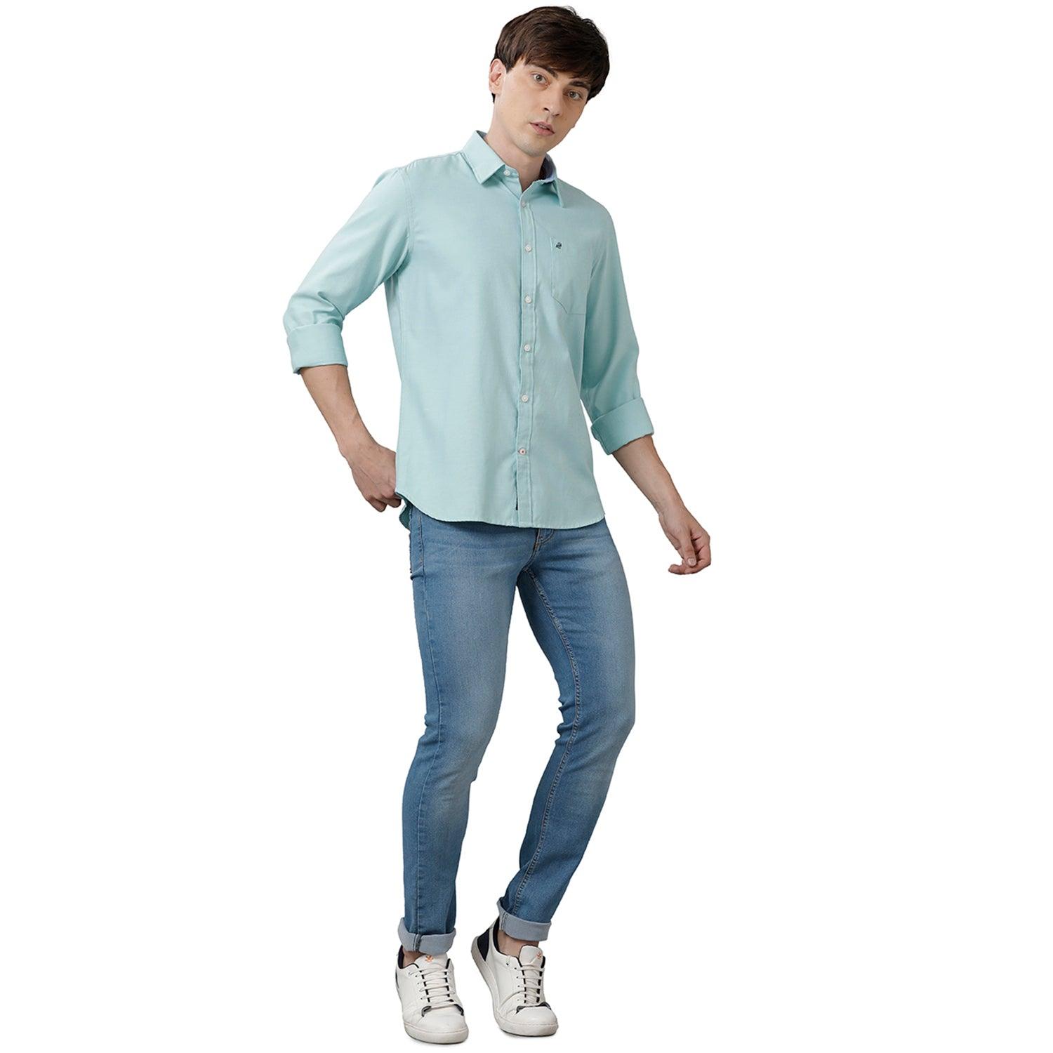Double two Men Solid Green Pointed Collar Long Sleeves 100% Cotton Slim Fit Casual Shirt