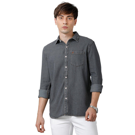 Dark Grey Solid Denim Shirt Slim Fit