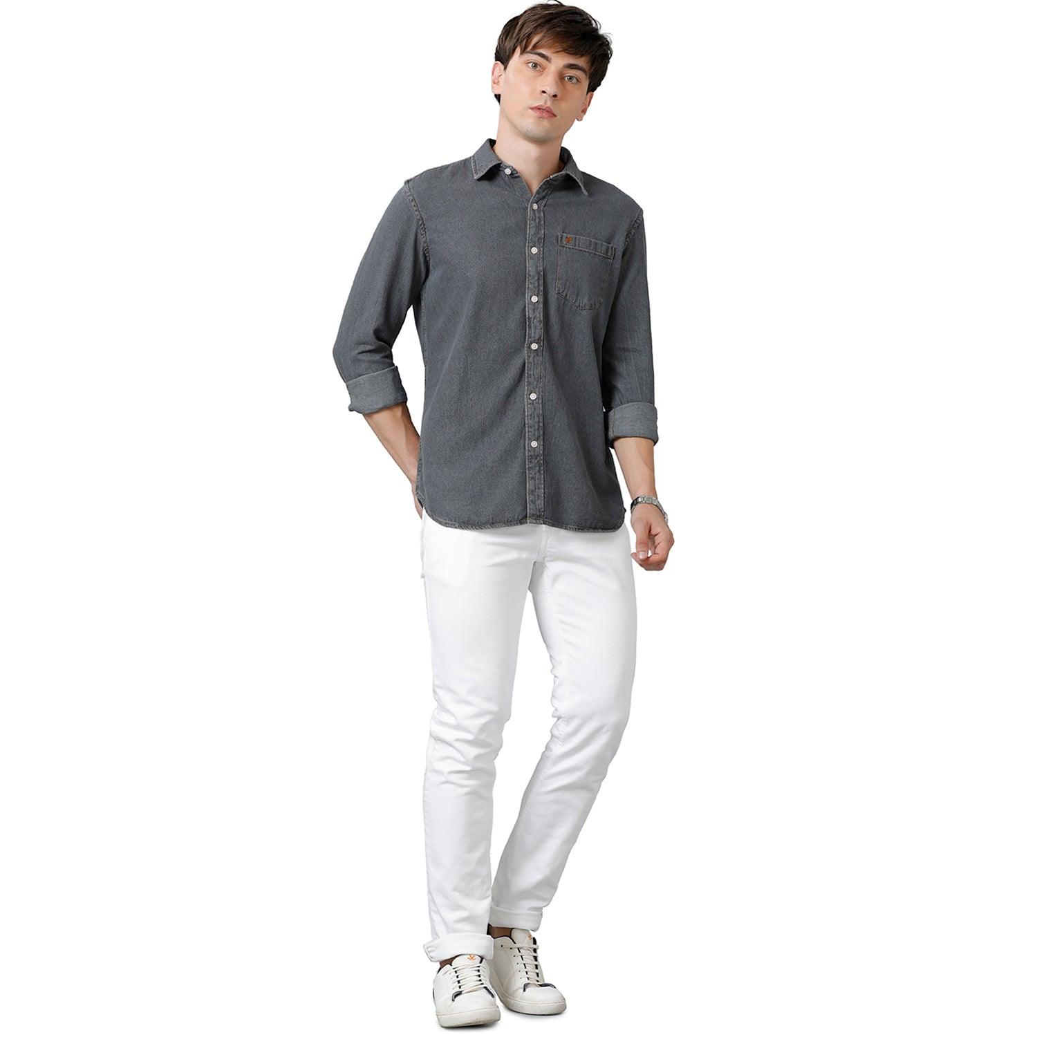 Dark Grey Solid Denim Shirt Slim Fit - Double Two