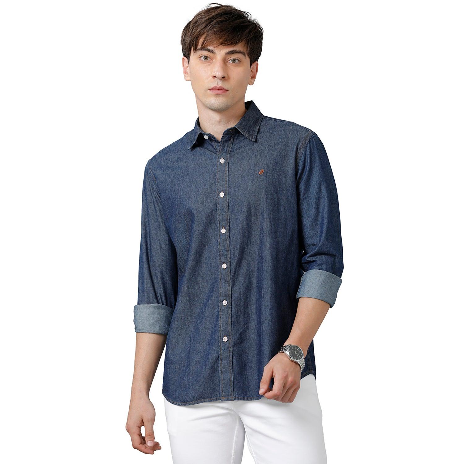 Double Two Men Slim Fit Solid Pointed Collar Denim Shirt