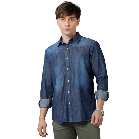 Blue Solid Denim Shirt Slim Fit