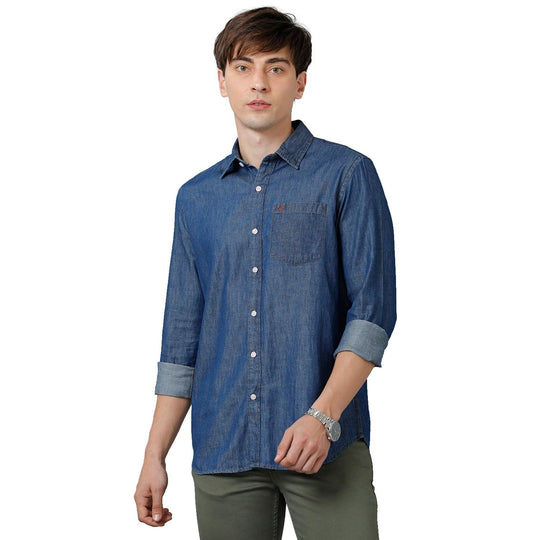 Blue Solid Denim Shirt Slim Fit