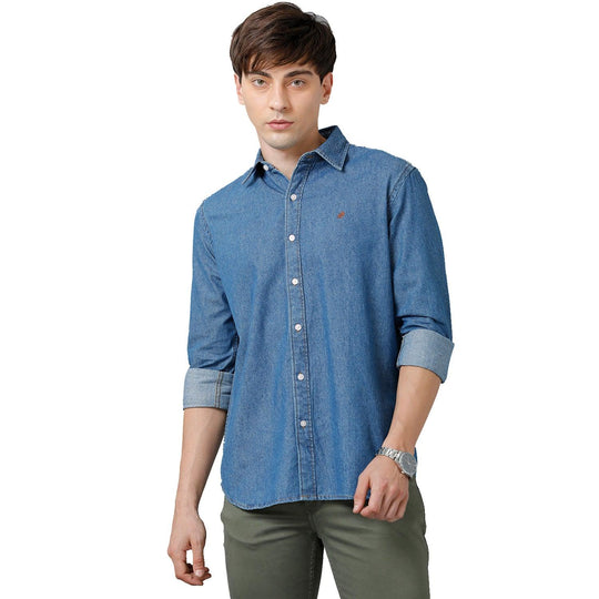 Blue Solid Denim Shirt Slim Fit