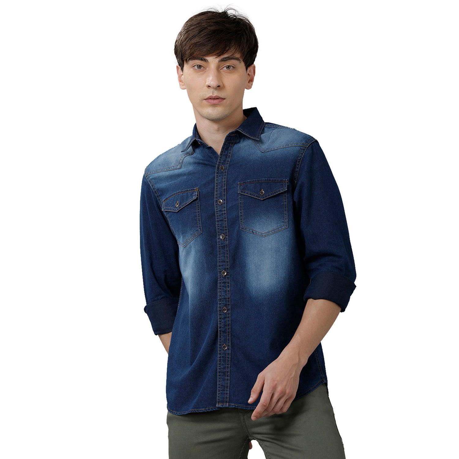 Comfort Fit Blue Round Neck Mens Denim Shirt, Full Sleeves at Rs 500 in  Meerut