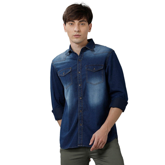 Blue Solid Denim Shirt Slim Fit