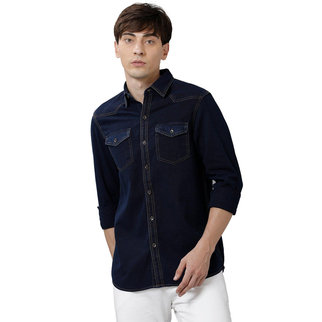 Buy Blue Slim Fit Solid Denim Shirt for Men – Double Two