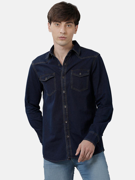 Solid Blue Denim Shirt For Men