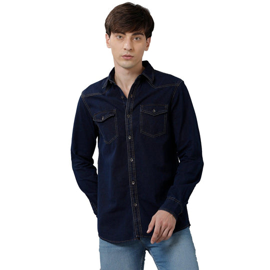 Blue Solid Denim Shirt Slim Fit