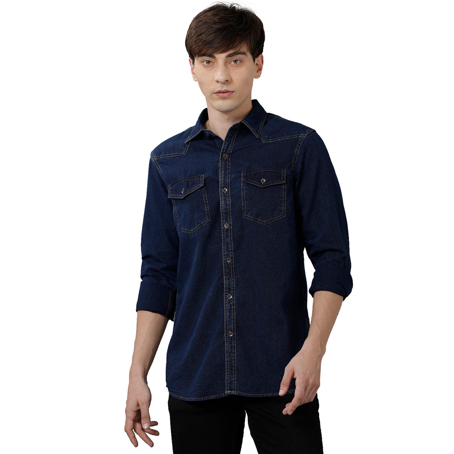 Double Two Men Slim Fit Solid Pointed Collar Denim Shirt