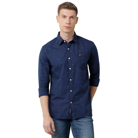 Navy Blue Printed Casual Shirt Slim Fit