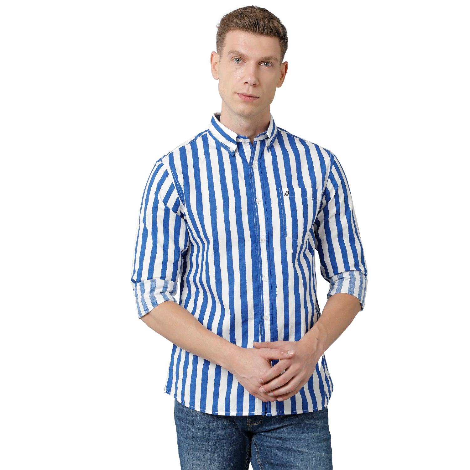 Double Two Men Stripes Blue:White Button Down Slim Fit Casual shirt