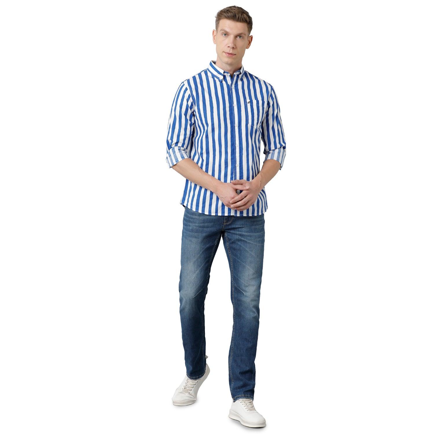 Double Two Men Stripes Blue:White Button Down Slim Fit Casual shirt