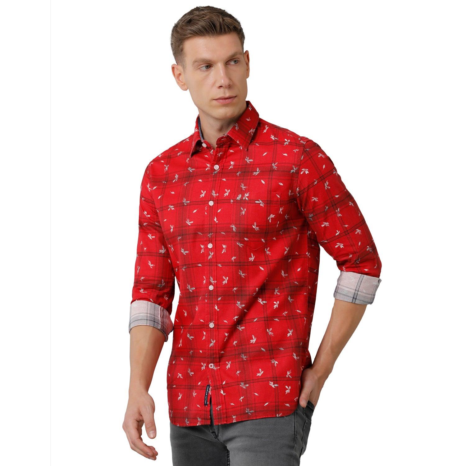 Double Two Men Printed Red Pointed collar Slim Fit Casual shirt