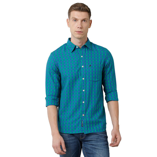 Green: Blue Checks Casual Shirt Slim Fit