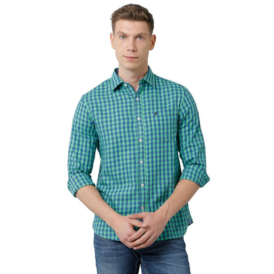 Green: Blue Checks Casual Shirt Slim Fit