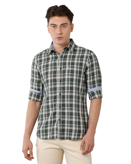 Bottel Green Twill Checks Casual Shirt