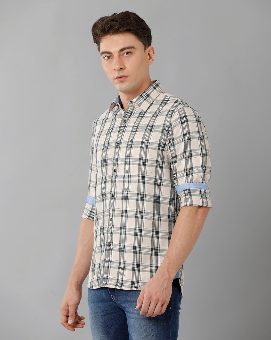 Beige Twill Checks Casual Shirt Double Two