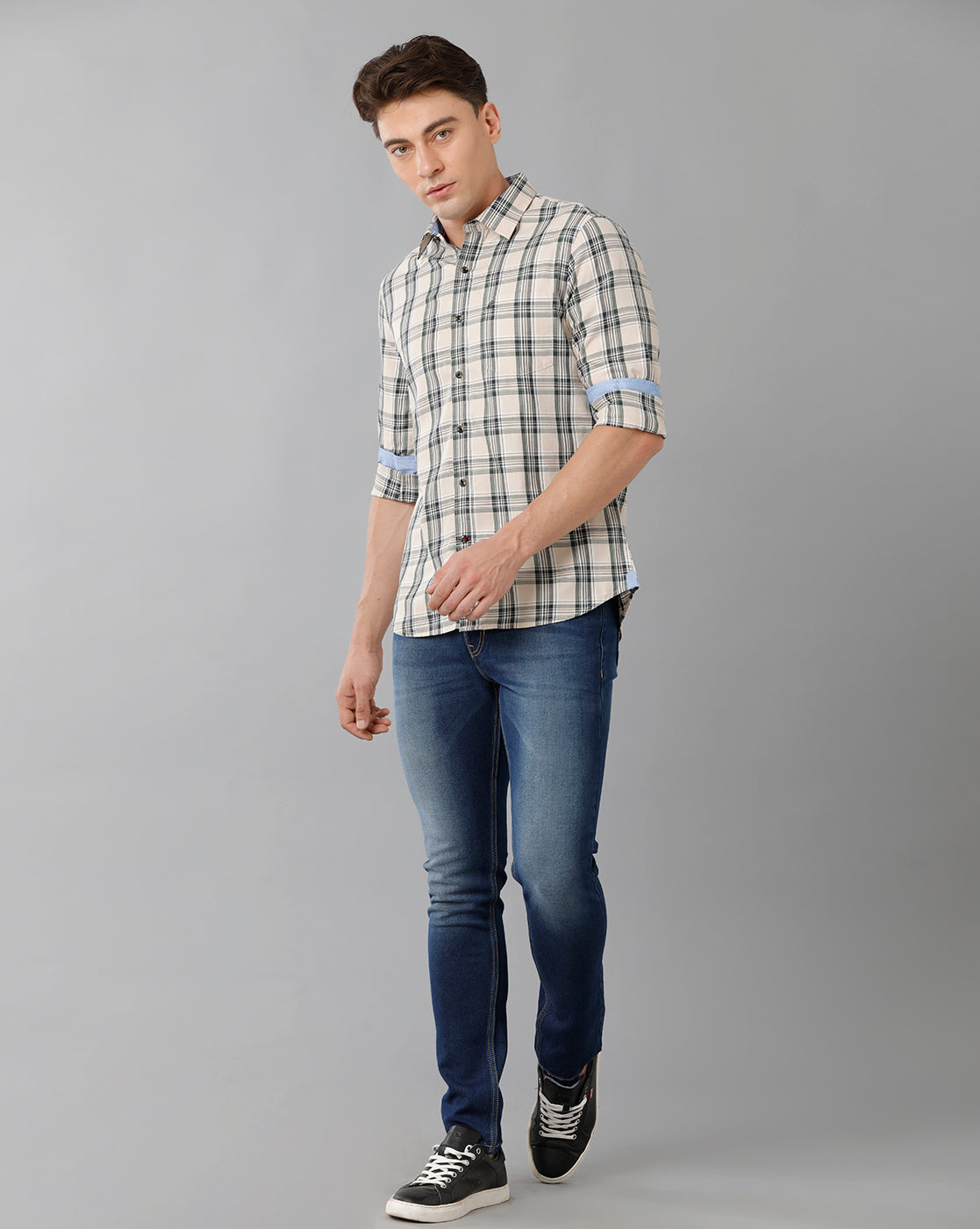 Beige Twill Checks Casual Shirt Double Two