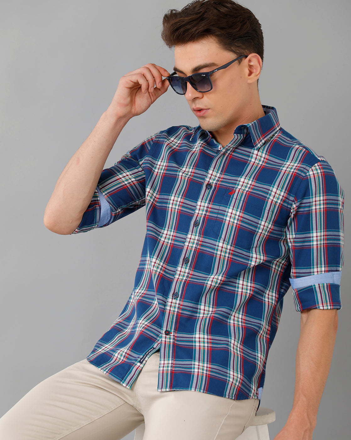 Egyptian Blue Twill Checks Casual Shirt Double Two