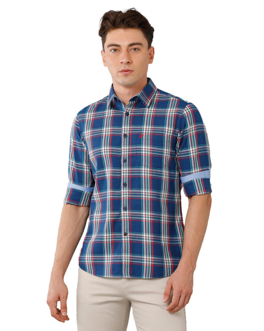 Midnight Blue Twill Checks Casual Shirt