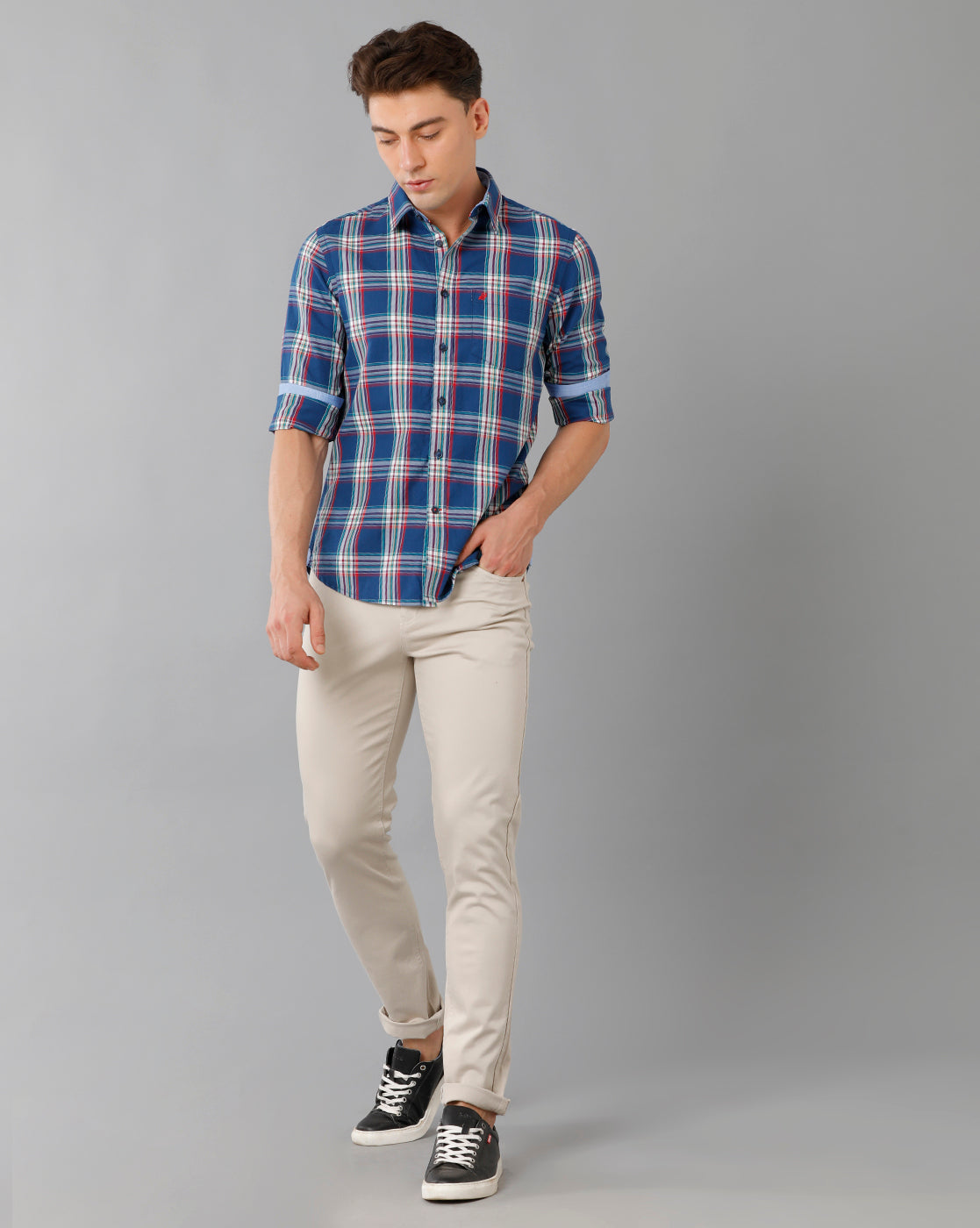 Midnight Blue Twill Checks Casual Shirt Double Two