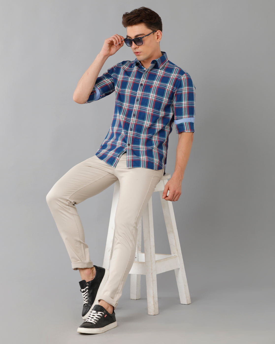 Midnight Blue Twill Checks Casual Shirt Double Two