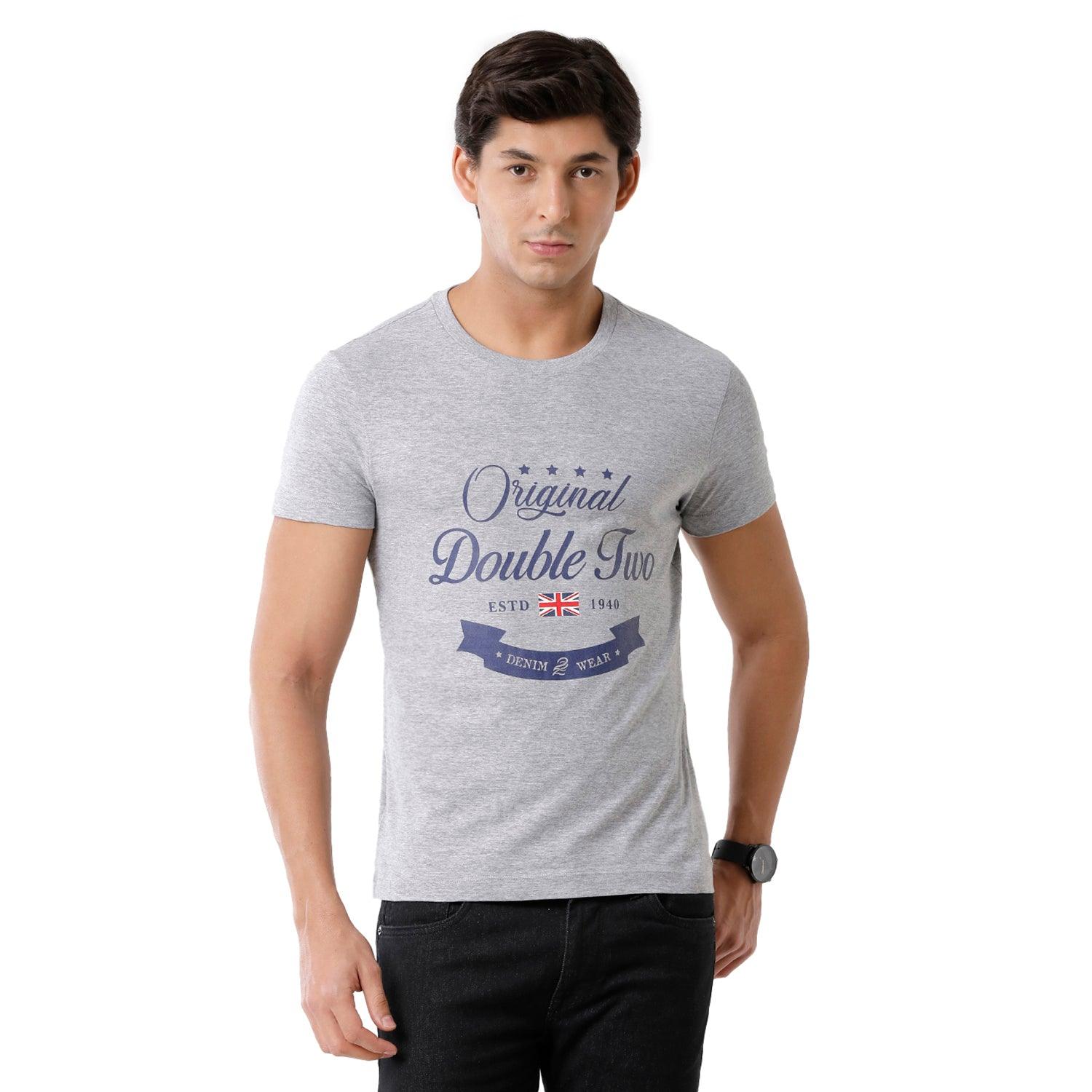 Double Two Printed Crew Neck Grey T-Shirt